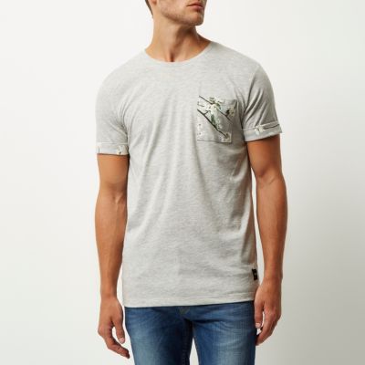 Only & Sons light grey pocket print t-shirt